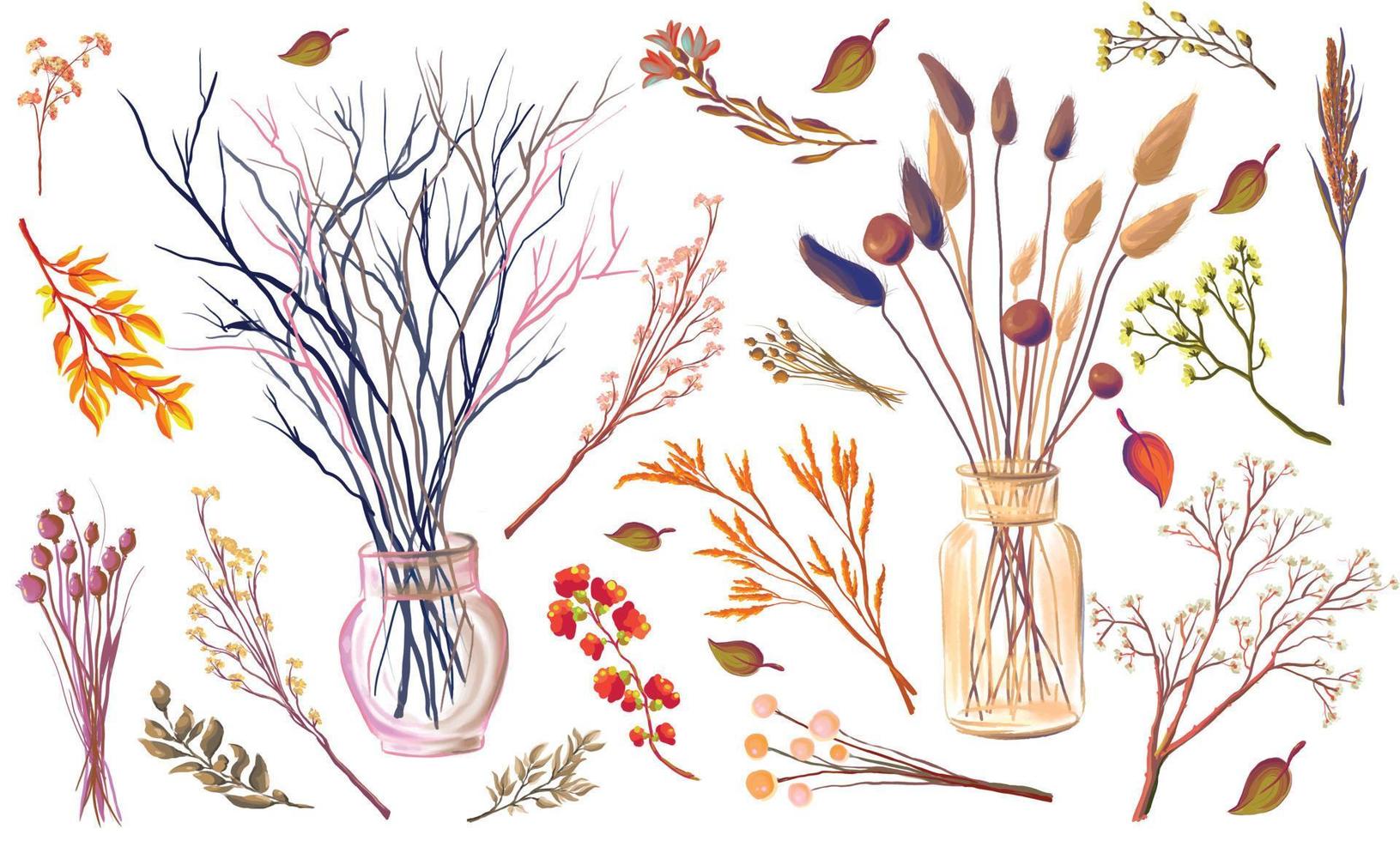 autumn bouquet of dry leaves and branches of field plants in a vase, bohemian vector illustration