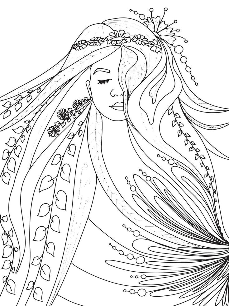 fabulosa hada del bosque, princesa elfa con cabello largo en follaje y flores libro para colorear vector