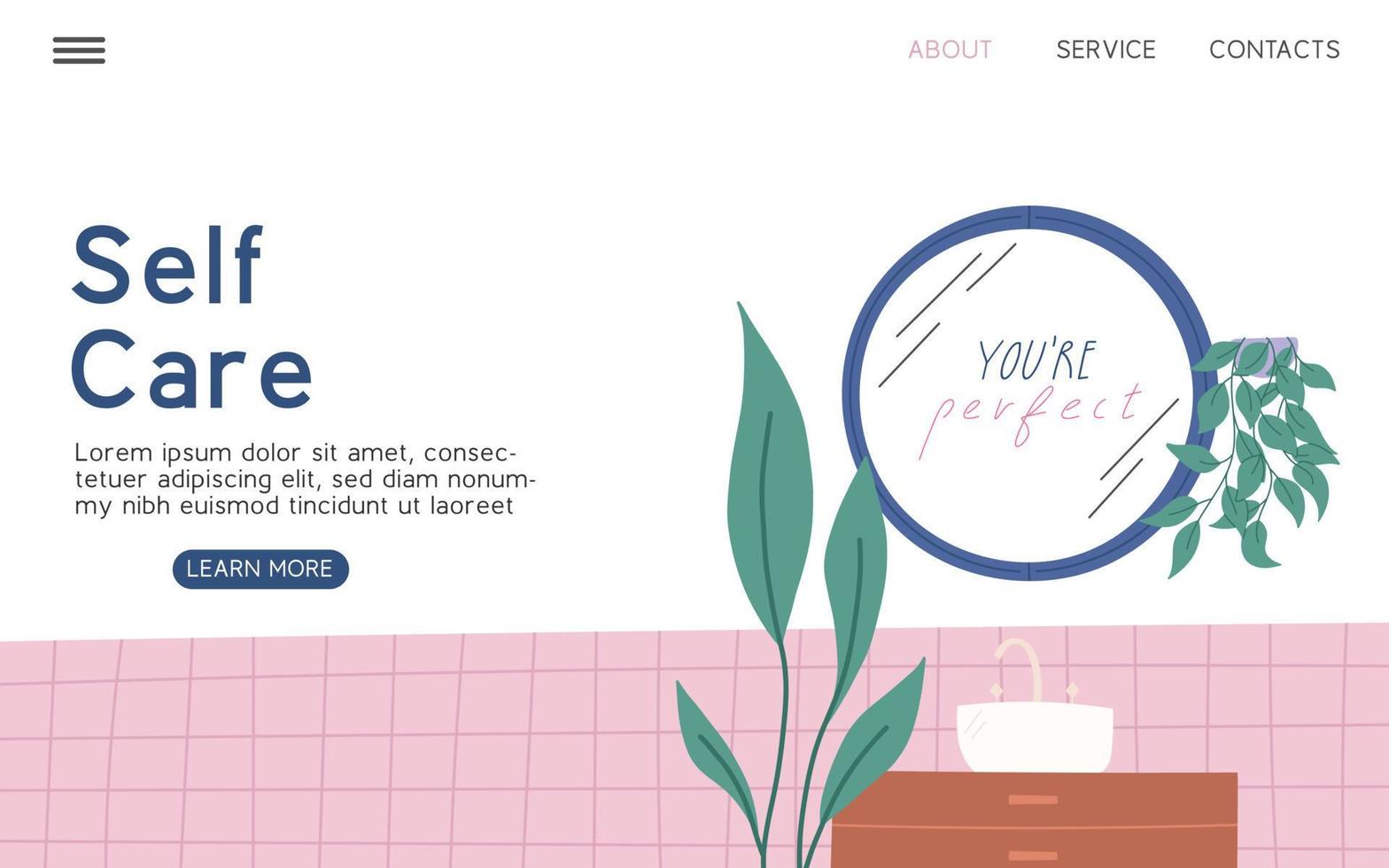 Self care landing page template with mirror in bathroom and you are perfect text, flat vector illustration. Self love, body positive and psychological help concepts.
