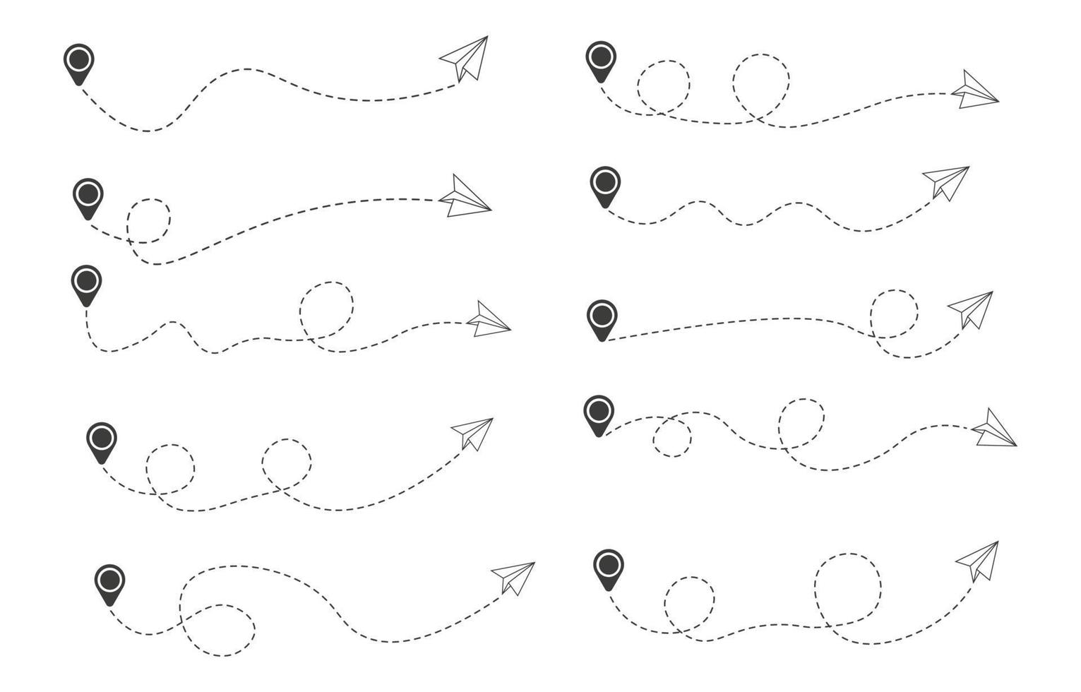 conjunto de ruta de avión de papel de línea discontinua vector