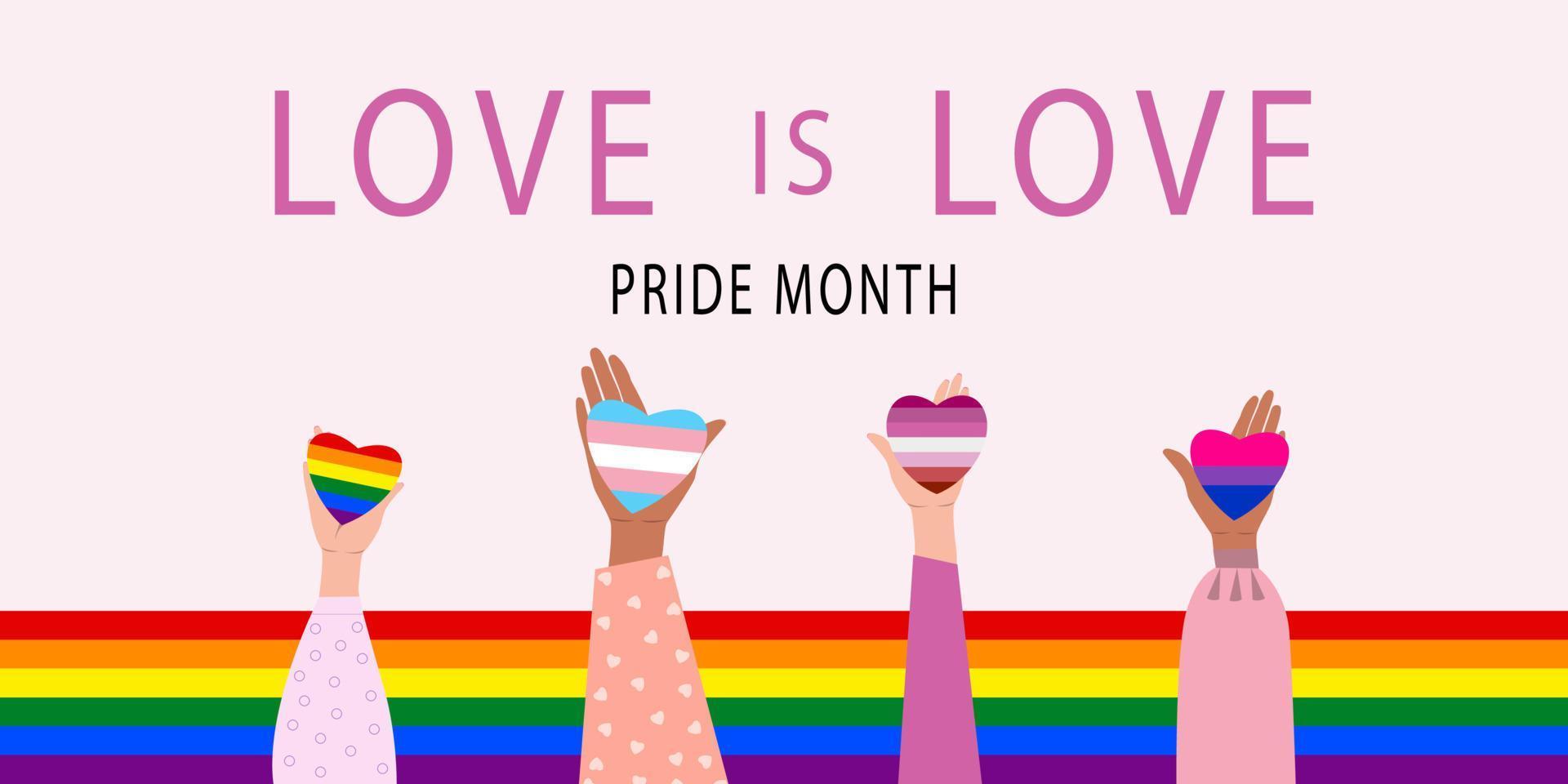 Hands of different people holding hearts gay, transgender, lesbian, bisexual flags. Vector illustration for happy pride month.