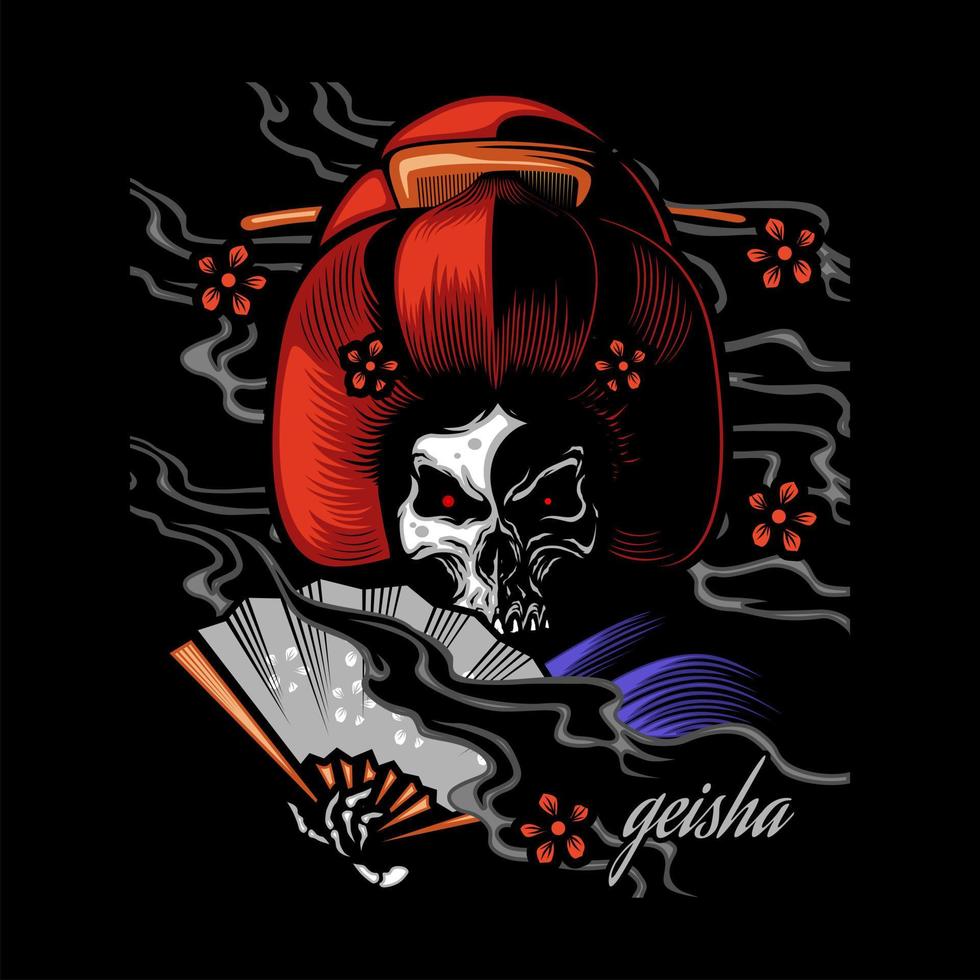 geisha skull colorful template on black background Design element for logo, poster, card, banner, emblem, t shirt. Vector illustration
