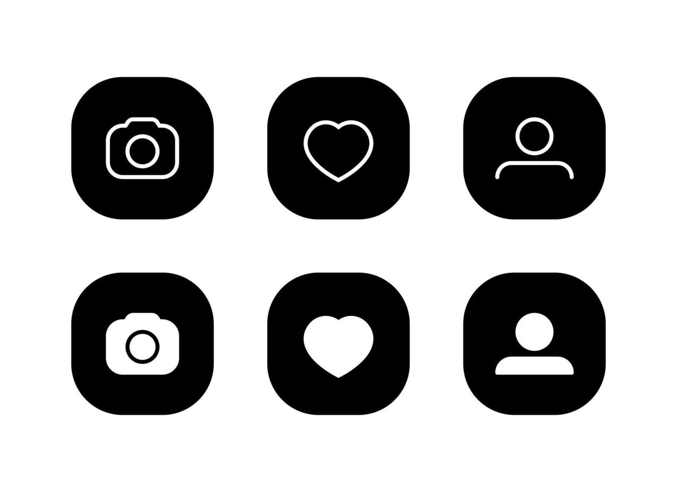 elemento de redes sociales. vector de icono de cámara, amor y perfil en botón cuadrado