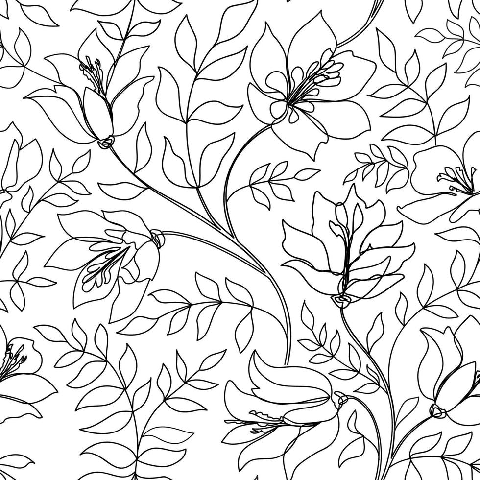 patrón de arte de línea transparente floral. fondo de contorno de flor. textura dibujada lineal floral con flores. florecer papel tapiz de azulejos vector