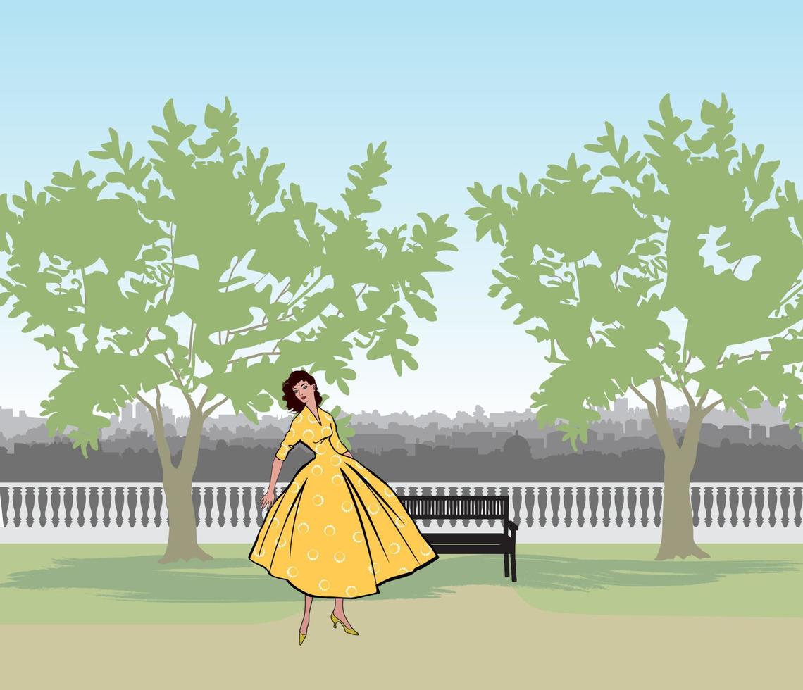 Retro fashion dressed woman 1950s 1960s style in city park landscape. Stylish young lady in vintage clothes in summer city garden Summer fashion 60s. Park cityscape skyline. Urban life illustration. vector