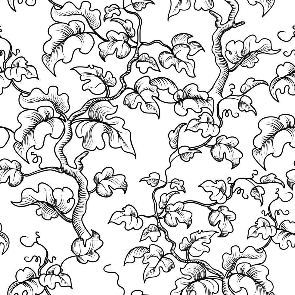 Floral seamless pattern. Branch with leaves ornamental line art drawing texture. Flourish nature summer garden textured background vector