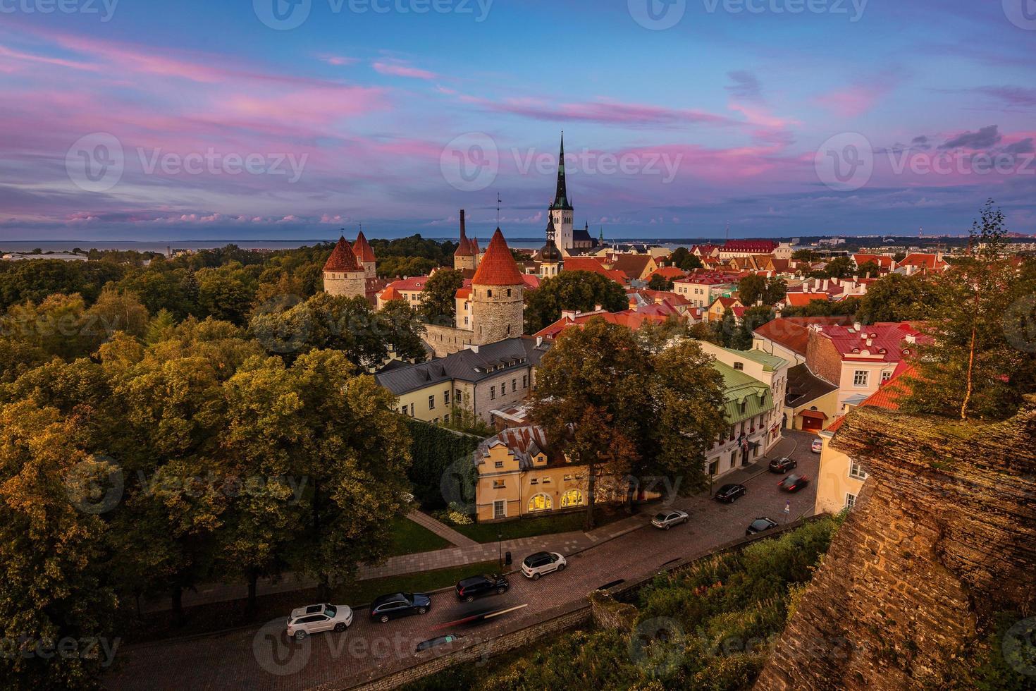 View of the old town in Tallinn, Estonia during a colourful sunset photo