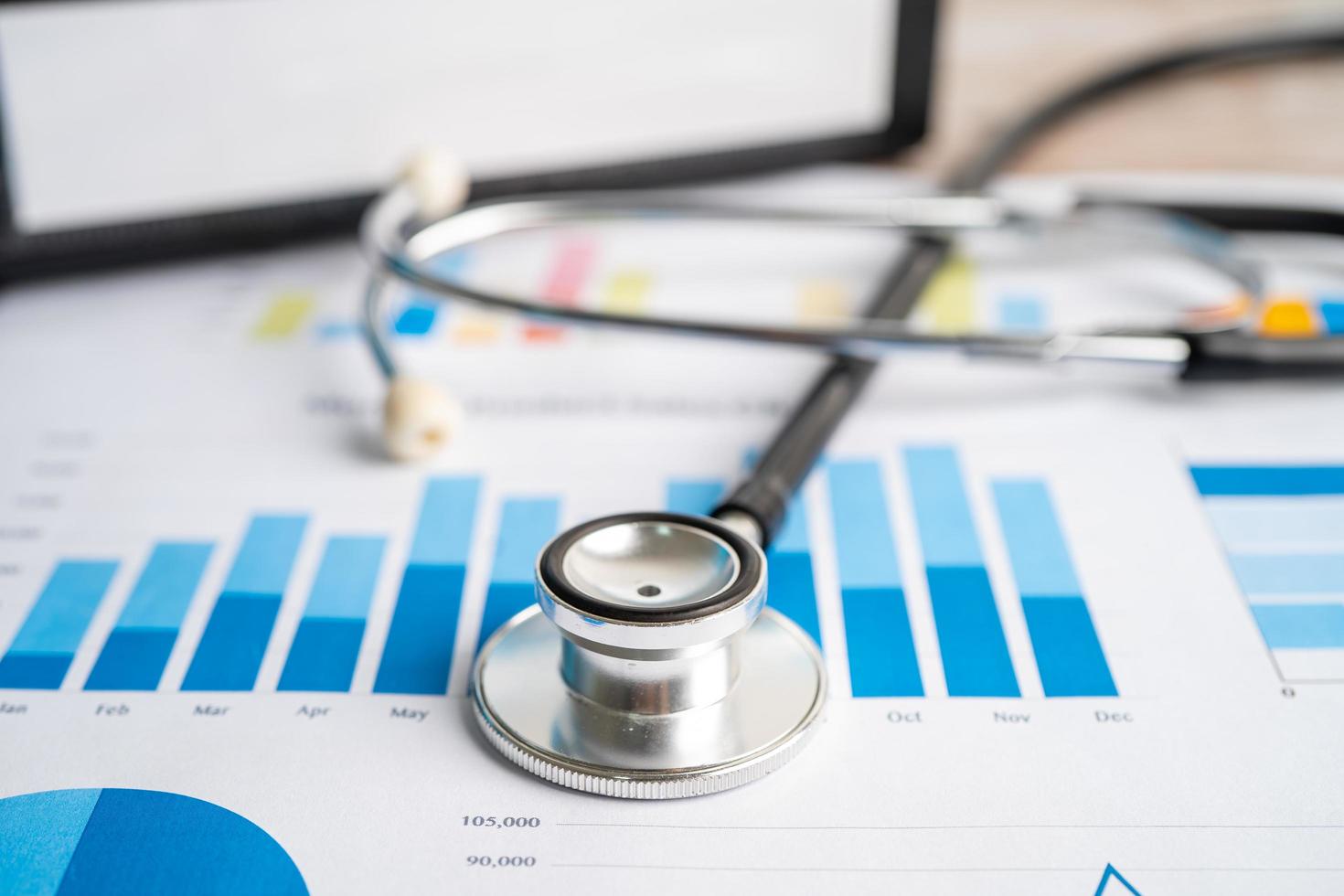 Stethoscope on charts and graphs paper, Finance, Account, Statistics, Investment, Analytic research data economy and Business company concept. photo