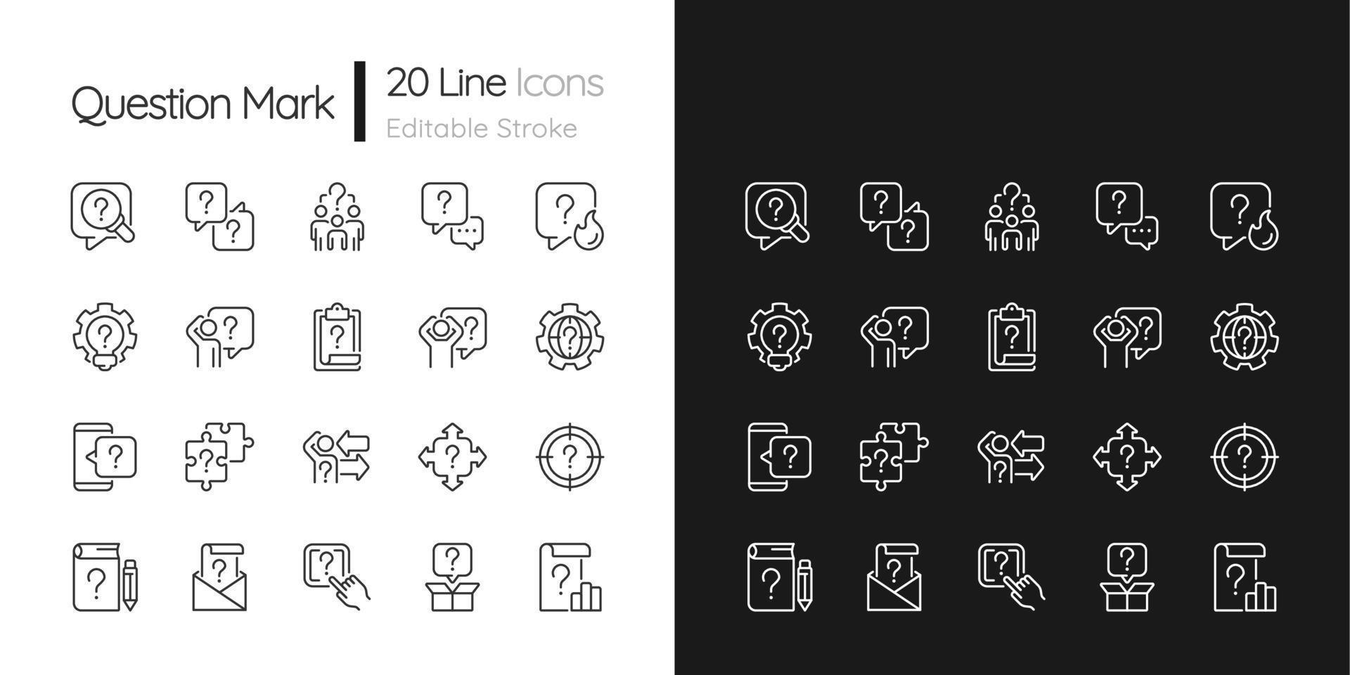 Question mark linear icons set for dark, light mode. Information and communication system. Thin line symbols for night, day theme. Isolated illustrations. Editable stroke. Quicksand-Light font used vector