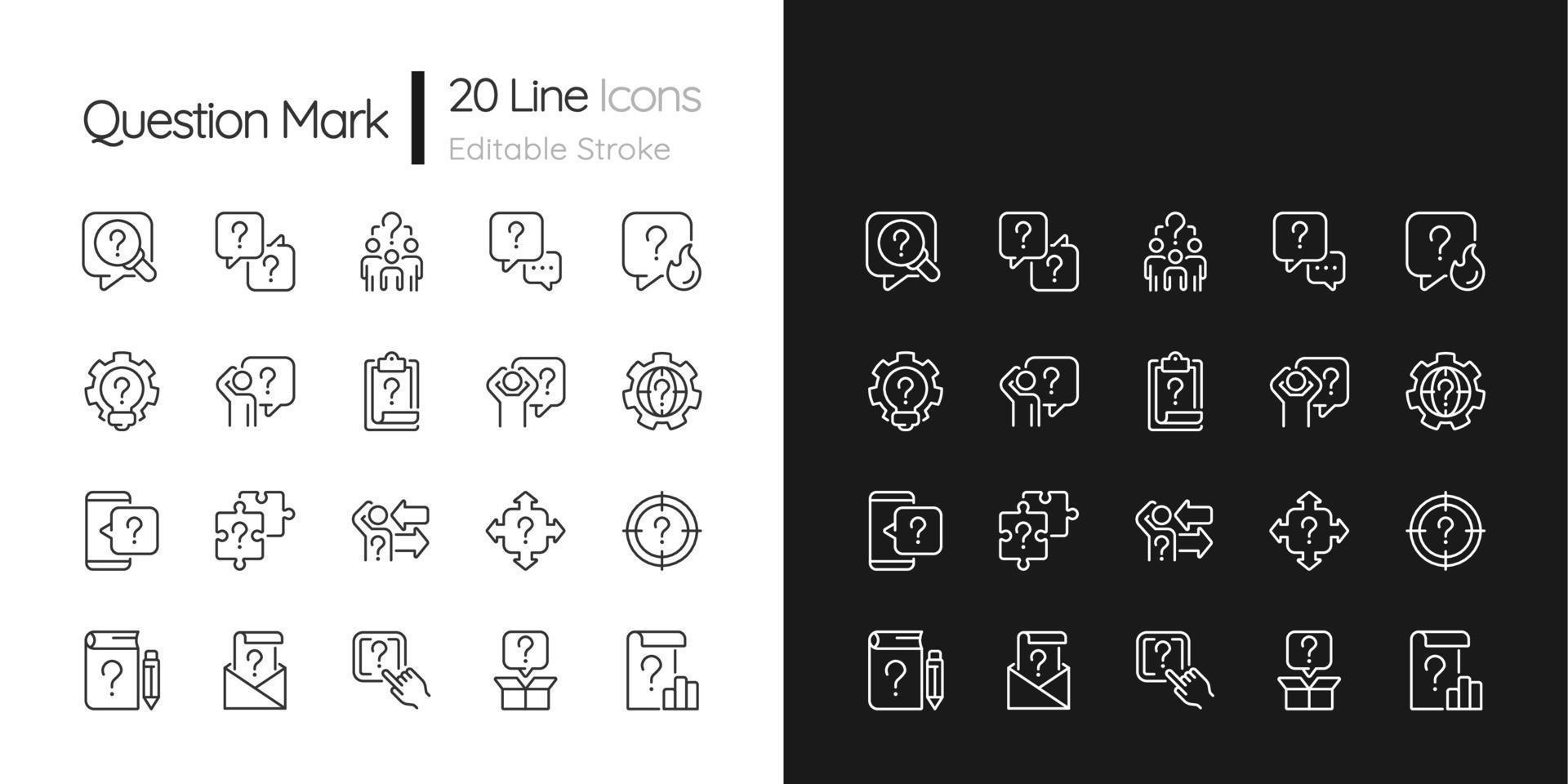 iconos lineales de signos de interrogación configurados para el modo oscuro y claro. sistema de información y comunicación. símbolos de línea delgada para el tema de la noche y el día. ilustraciones aisladas. trazo editable. fuente Quicksand-light utilizada vector