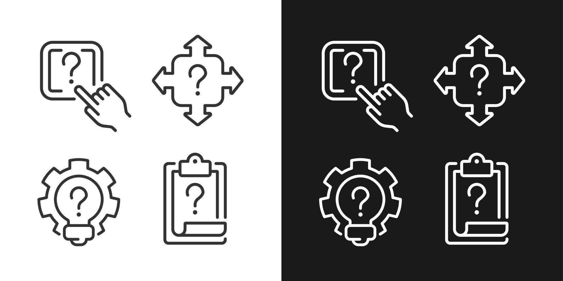 preguntas y respuestas en los iconos lineales de soporte técnico configurados para el modo oscuro y claro. acceso al almacenamiento de datos digitales. símbolos de línea delgada para el tema de la noche y el día. ilustraciones aisladas. trazo editable vector