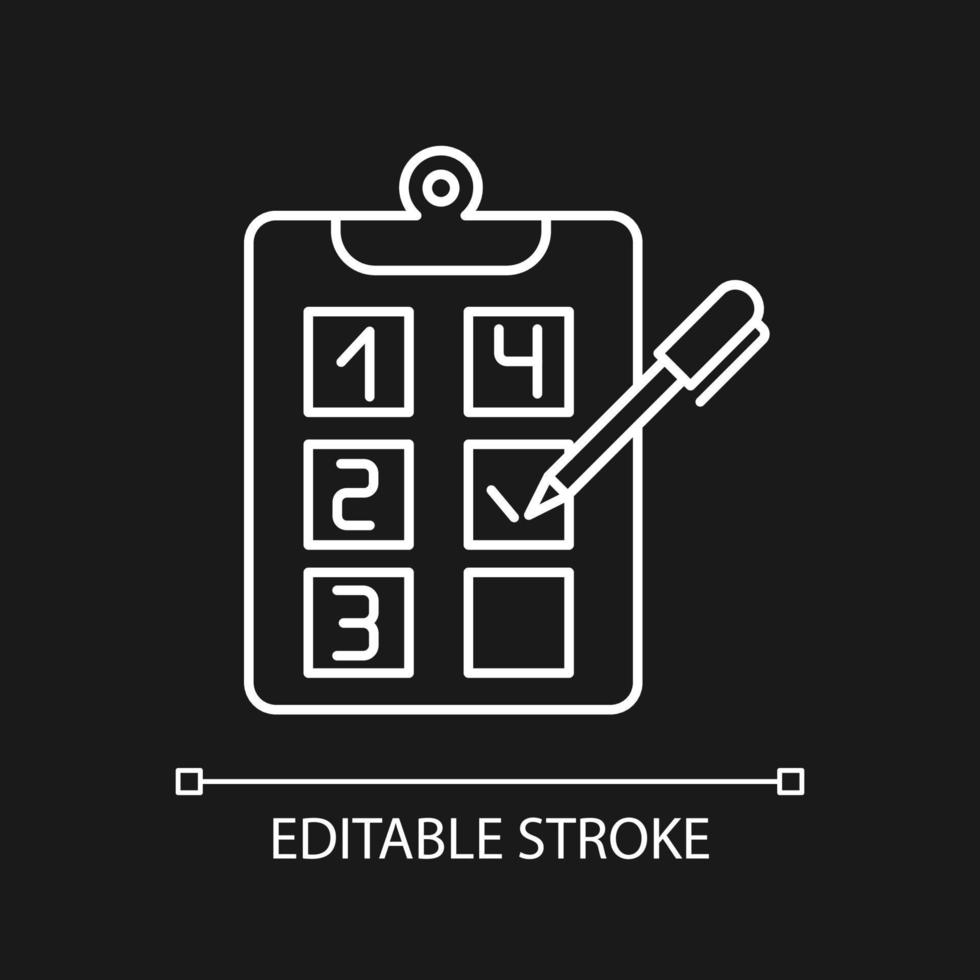 Plan adherence white linear icon for dark theme. Building goals. Business strategy. Objectives checklist. Thin line illustration. Isolated symbol for night mode. Editable stroke. vector