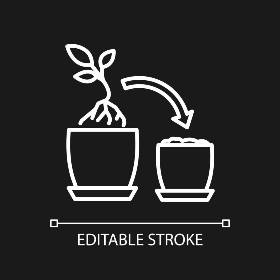 Plant repotting white linear icon for dark theme. Replant in bigger pot. Seasonal transplantation. Thin line illustration. Isolated symbol for night mode. Editable stroke. vector