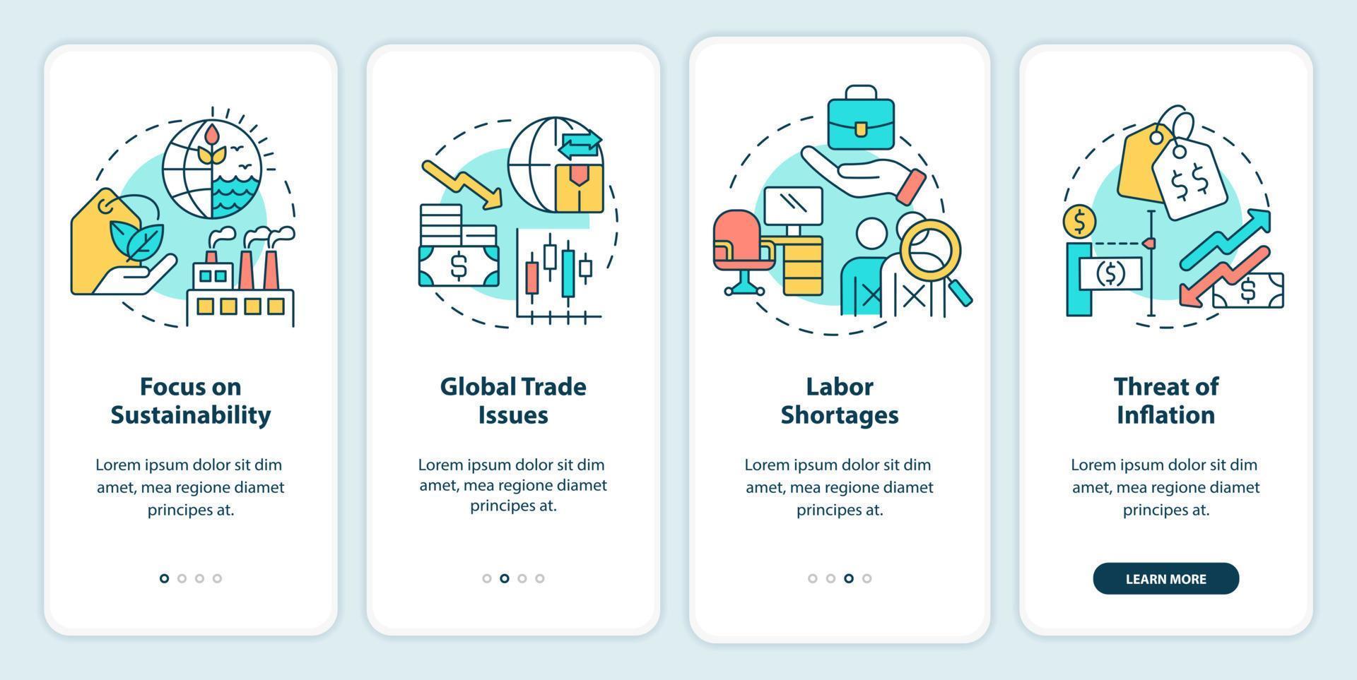 tendencias macroeconómicas que incorporan la pantalla de la aplicación móvil. tutorial de tendencias comerciales páginas de instrucciones gráficas de 4 pasos con conceptos lineales. interfaz de usuario, ux, plantilla de interfaz gráfica de usuario. vector