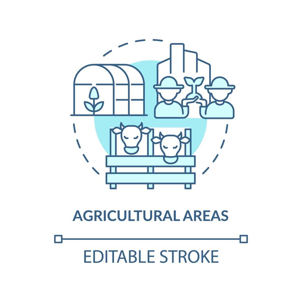 Icono de concepto turquesa de áreas agrícolas. clasificación de uso de la tierra idea abstracta ilustración de línea delgada. propósitos agrícolas. dibujo de contorno aislado. trazo editable. vector