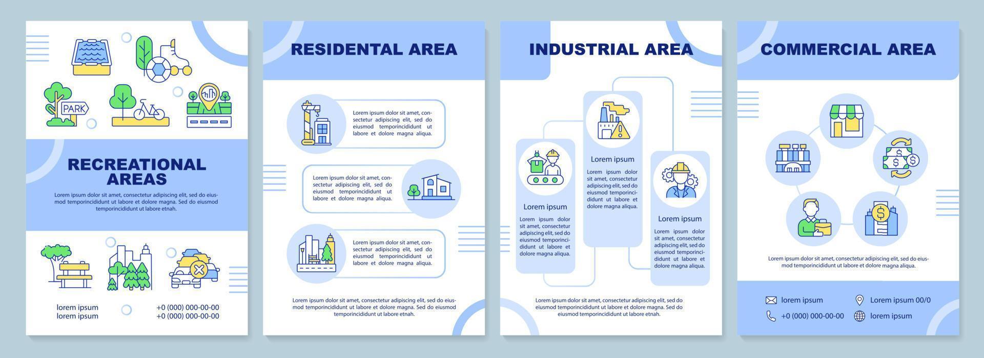 Types of land-use blue brochure template. Residential and industrial. Leaflet design with linear icons. 4 vector layouts for presentation, annual reports.