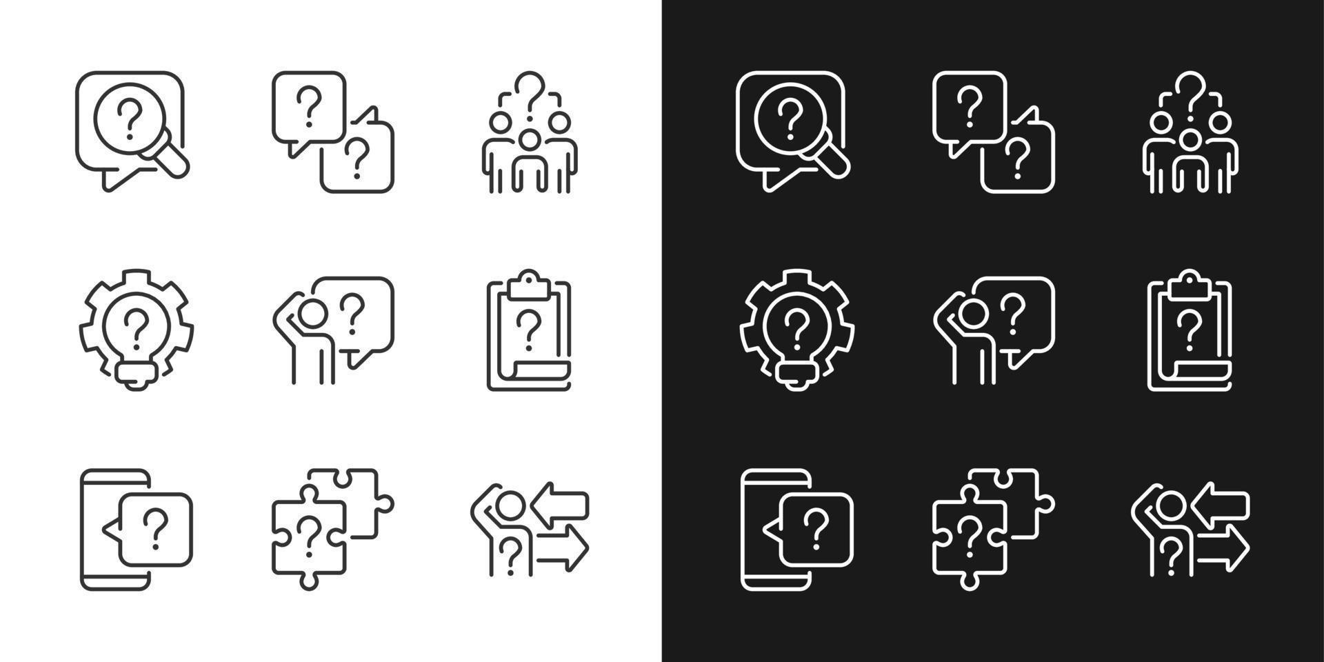 Solving different equations linear icons set for dark, light mode. Looking for answers and information support. Thin line symbols for night, day theme. Isolated illustrations. Editable stroke vector