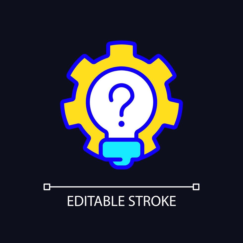 Creative question RGB color icon for dark theme. Lightbulb and gear. Invention and innovation idea. Simple filled line drawing on night mode background. Editable stroke. vector