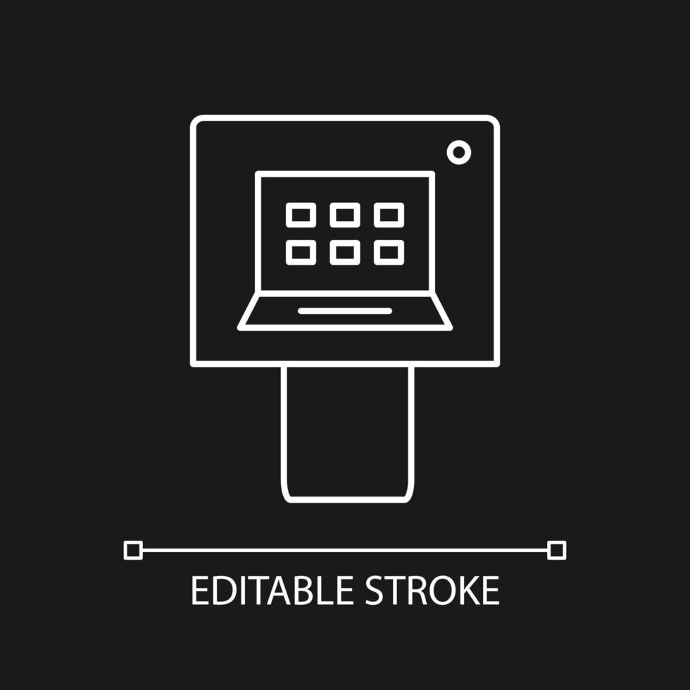 ATM white linear icon for dark theme. Telecommunications technology. Banking operations device. Thin line illustration. Isolated symbol for night mode. Editable stroke. vector