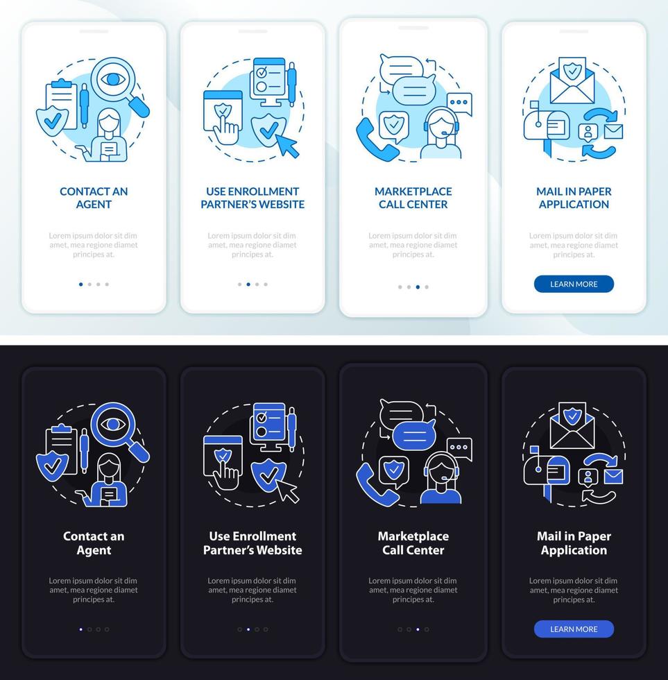 Applying for insurance night and day mode onboarding mobile app screen. walkthrough 4 steps graphic instructions pages with linear concepts. UI, UX, GUI template. vector