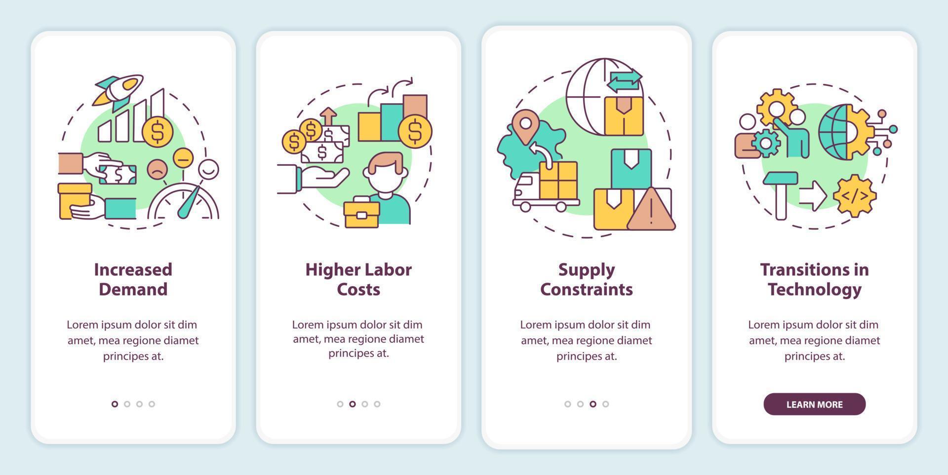 Tendencias macro en la economía incorporando la pantalla de la aplicación móvil. tutorial de trabajo empresarial páginas de instrucciones gráficas de 4 pasos con conceptos lineales. interfaz de usuario, ux, plantilla de interfaz gráfica de usuario. vector