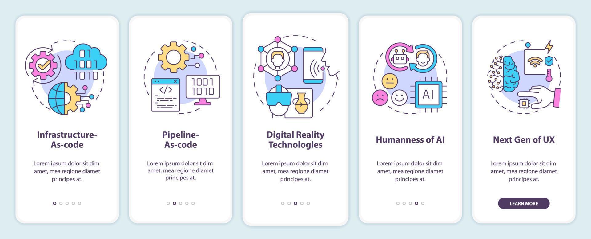 tendencias macro tecnológicas que incorporan la pantalla de la aplicación móvil. tutorial de sistemas digitales páginas de instrucciones gráficas de 5 pasos con conceptos lineales. interfaz de usuario, ux, plantilla de interfaz gráfica de usuario. vector