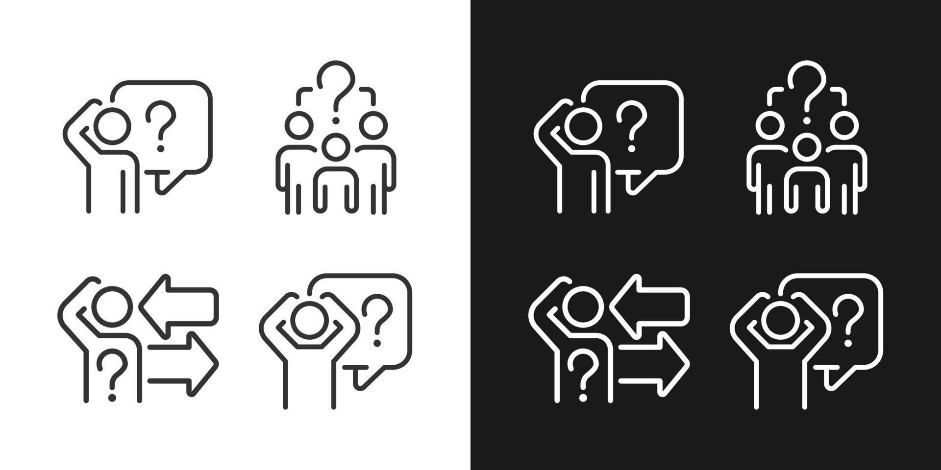 Asking and answering equations linear icons set for dark, light mode. Sharing information. Social communication. Thin line symbols for night, day theme. Isolated illustrations. Editable stroke vector