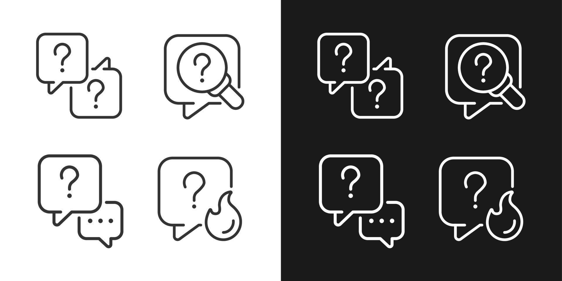 Question marks and speech bubbles linear icons set for dark, light mode. Answers and information storage. Thin line symbols for night, day theme. Isolated illustrations. Editable stroke vector