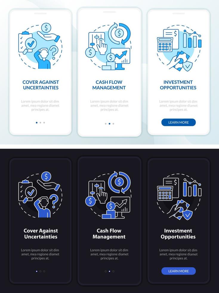 beneficios del seguro modo día y noche incorporando la pantalla de la aplicación móvil. tutorial 3 pasos páginas de instrucciones gráficas con conceptos lineales. interfaz de usuario, ux, plantilla de interfaz gráfica de usuario. vector