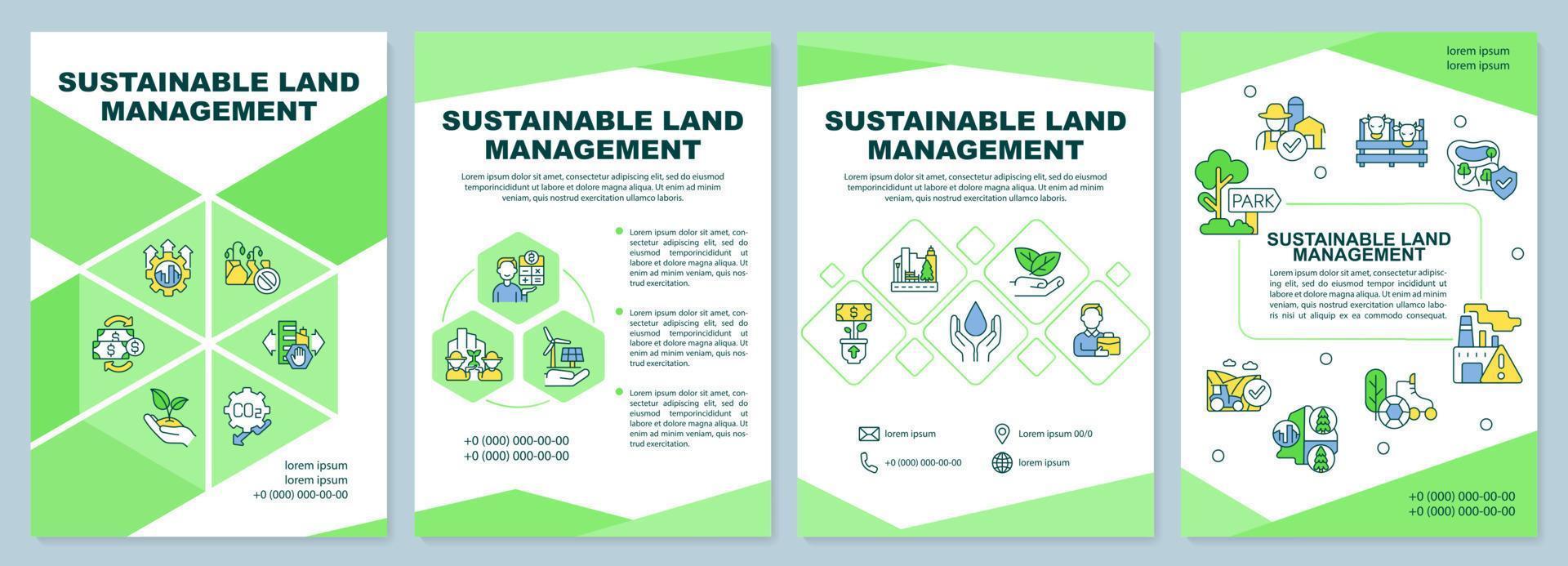 Sustainable land management brochure template. Eco-friendly approach. Leaflet design with linear icons. 4 vector layouts for presentation, annual reports.