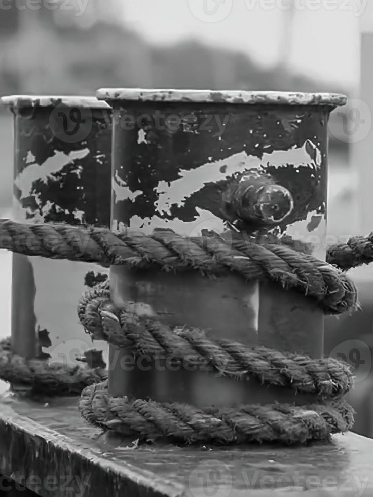 Grayscale of the metallic pier posts with ropes wrapped around photo