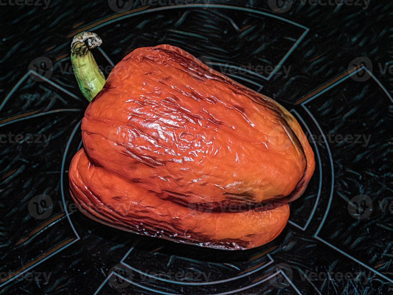 Grilled pepper on a black table with scratches and shapes 8087336 Stock