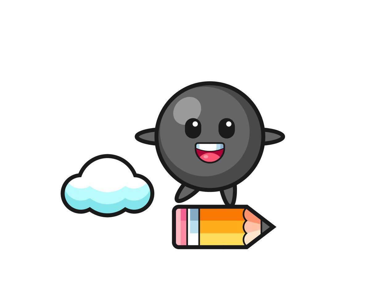 dot symbol mascot illustration riding on a giant pencil vector
