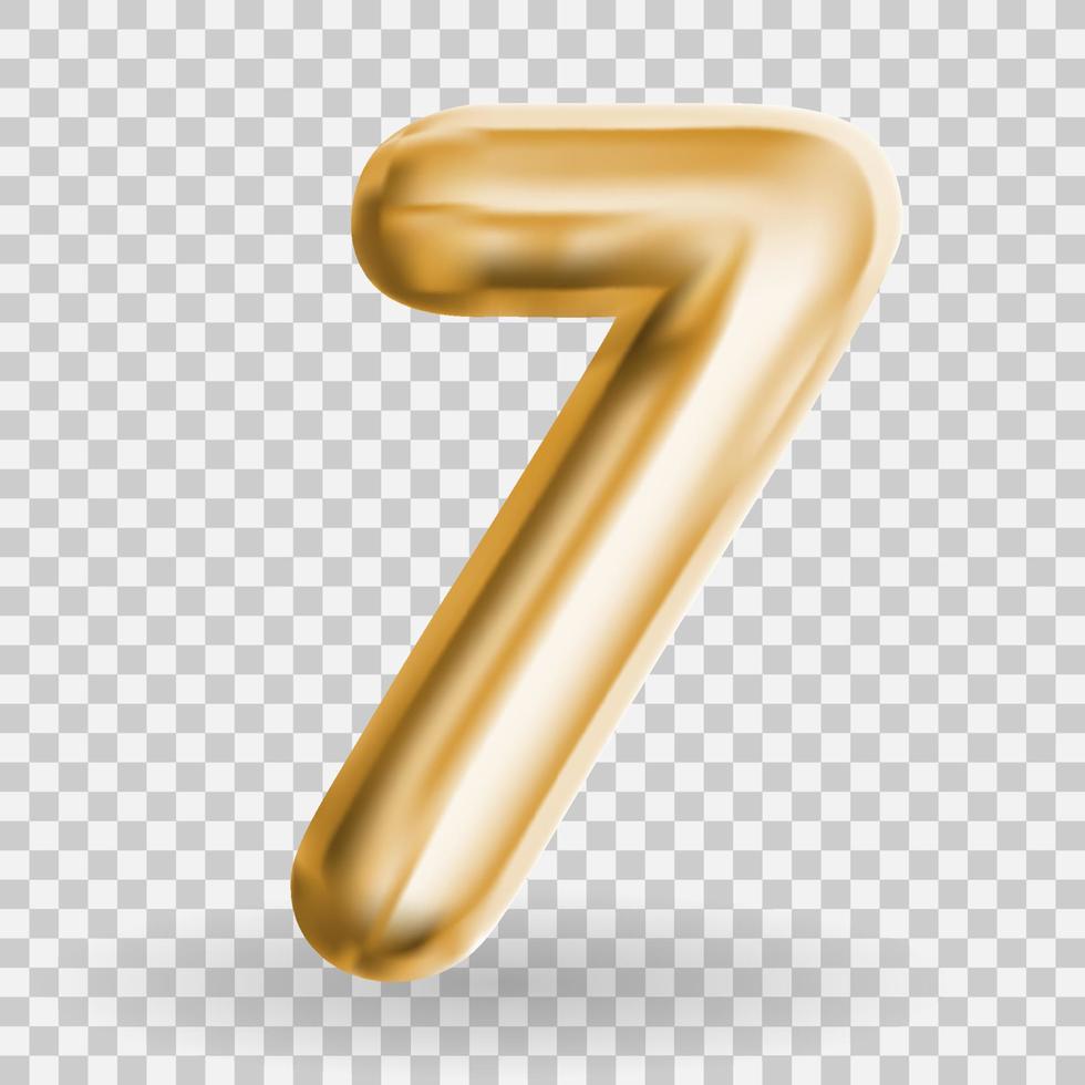 Golden Volumetric 3D Text Balloons Lettering 7 on Transparent Background. Vector Illustration. EPS10