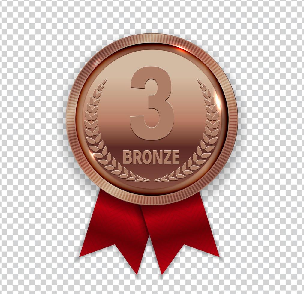 Champion Art Bronze Medal with Red Ribbon Icon Sign First Place Isolated on Transparent Background. Vector Illustration