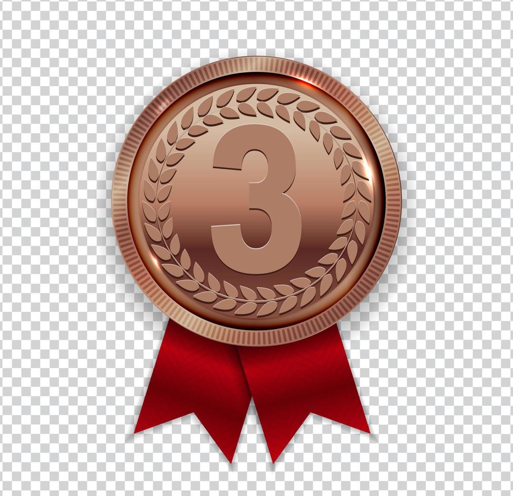 Champion Art Bronze Medal with Red Ribbon Icon Sign First Place Isolated on Transparent Background. Vector Illustration