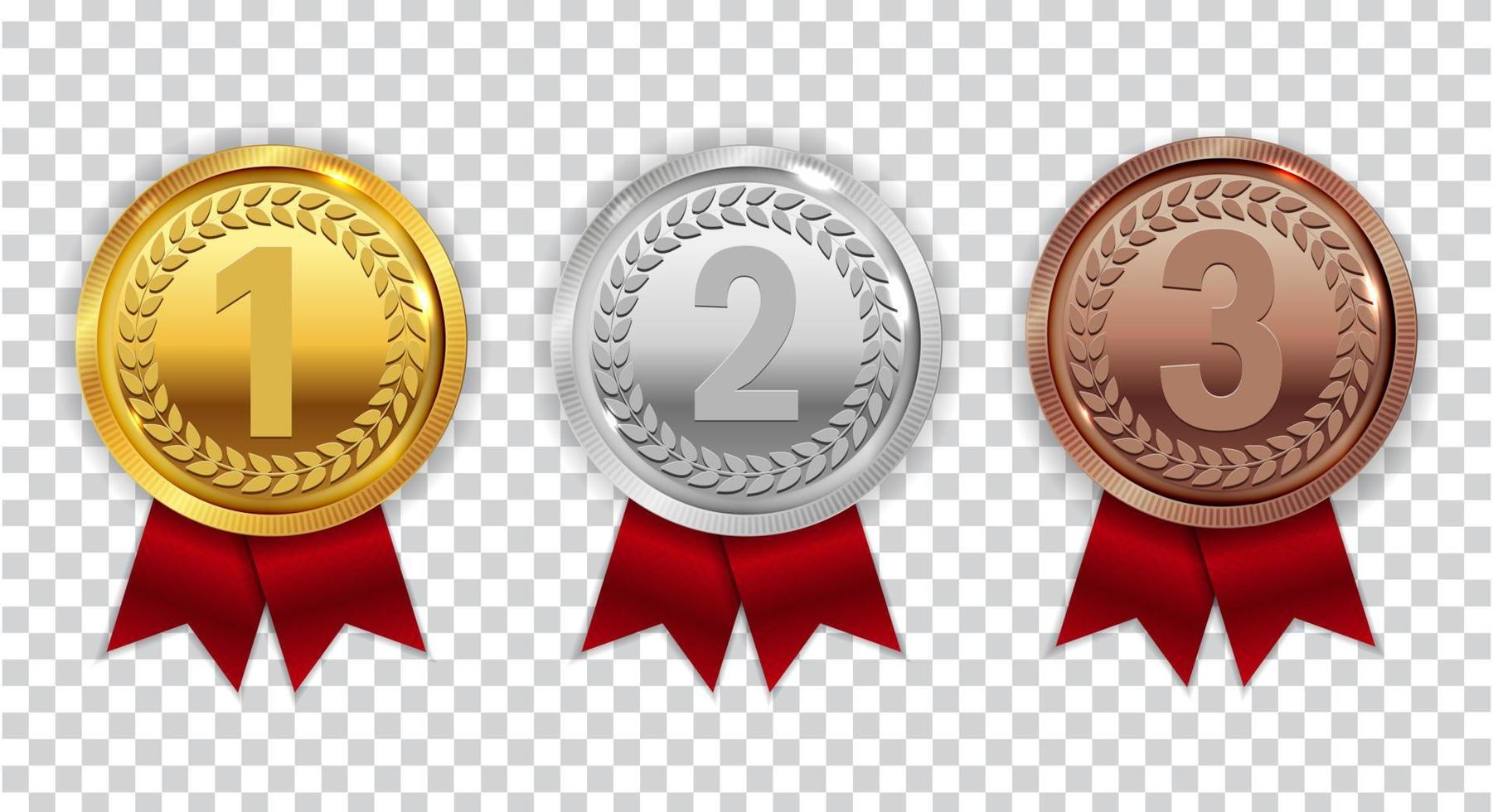 Champion Gold, Silver and Bronze Medal with Red Ribbon Icon Sign First, Secondand Third Place Collection Set Isolated on Transparent Background. Vector Illustration