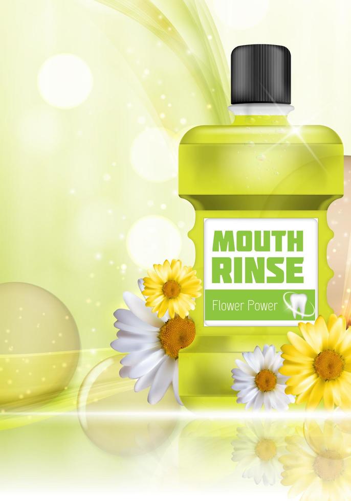 Mouth Rinse Design Cosmetics Product Bottle with Flowers Chamomile Template for Ads, Announcement Sale, Promotion New Product or Magazine Background. 3D Realistic Vector Iillustration