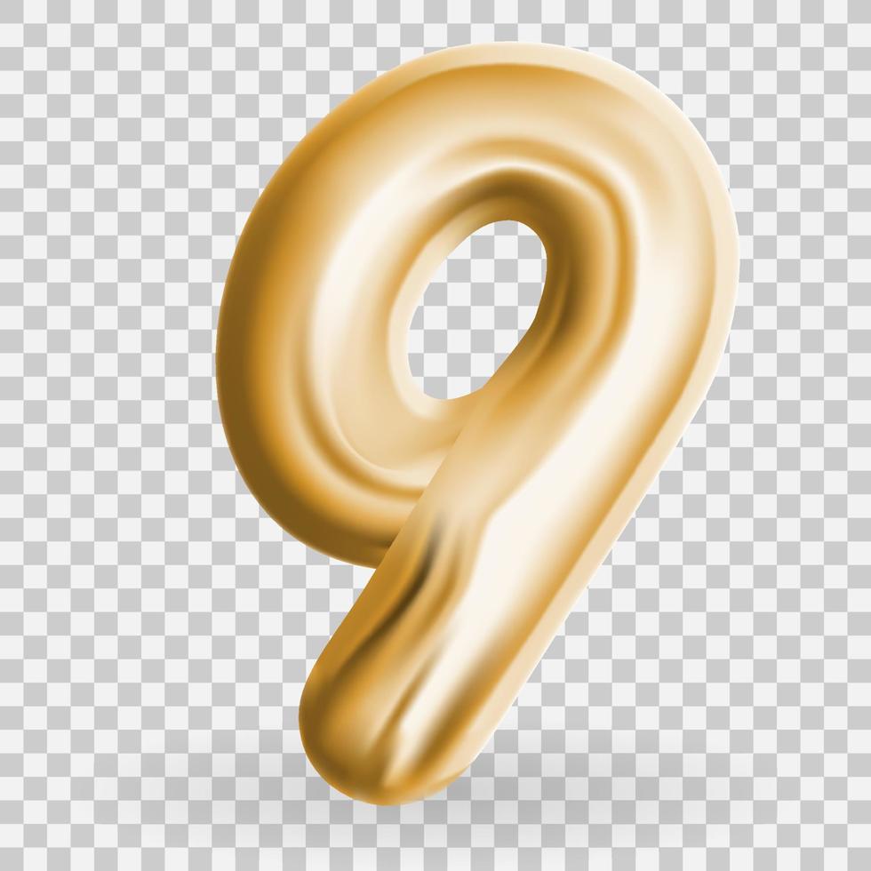Golden Volumetric 3D Text Balloons Lettering 9 on Transparent Background. Vector Illustration. EPS10