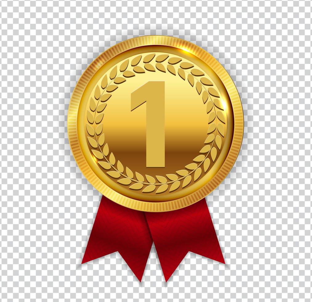 Champion Art Golden Medal with Red Ribbon l Icon Sign First Place Isolated on Transparent Background. Vector Illustration