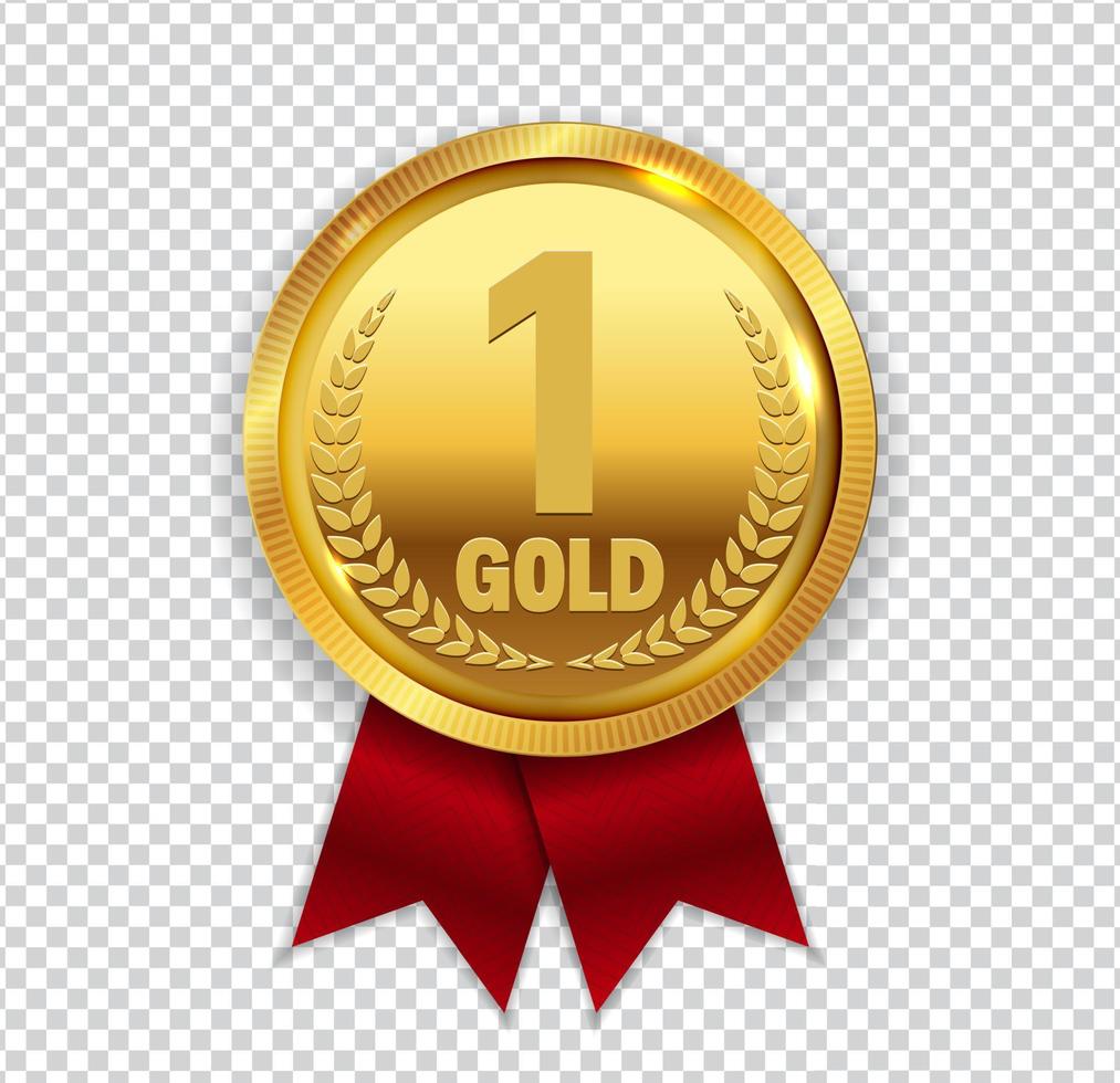 Champion Art Golden Medal with Red Ribbon l Icon Sign First Place Isolated on Transparent Background. Vector Illustration