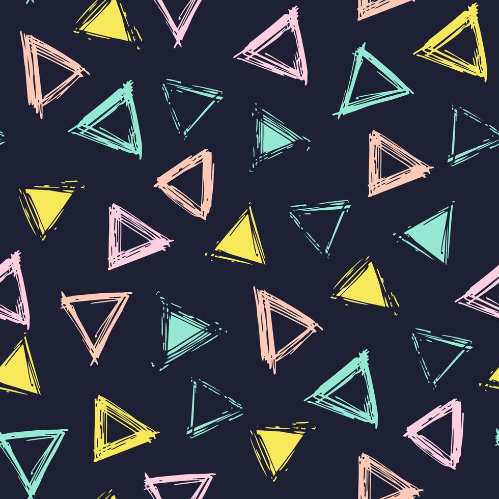 Triangles colors on dark background seamless pattern hand draw. Decorative illustration linocut, good for printing. Great for label, print, packaging, fabric. vector