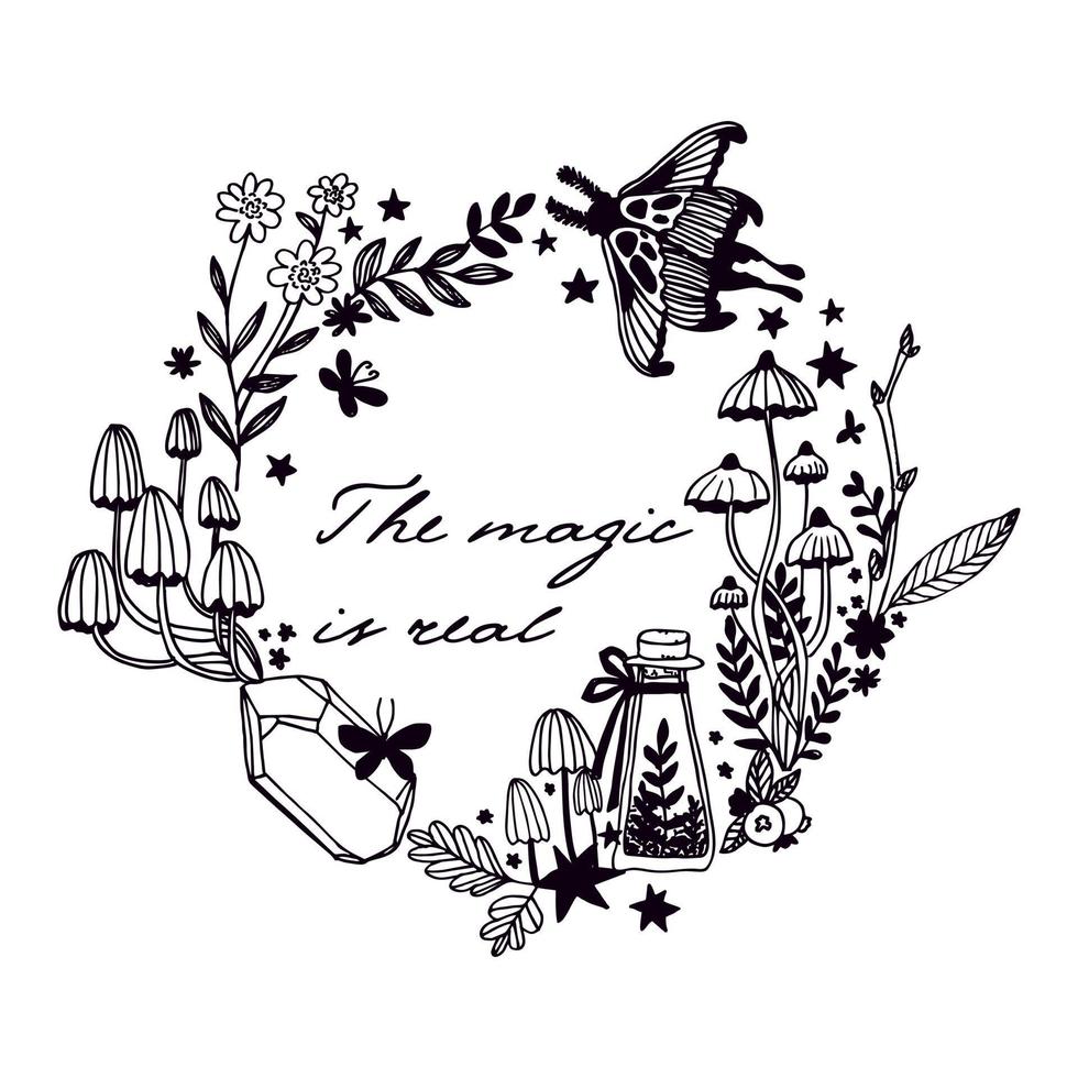 A magical vector wreath of herbs, mushrooms, stars, butterflies, potions and flowers. Copy space.