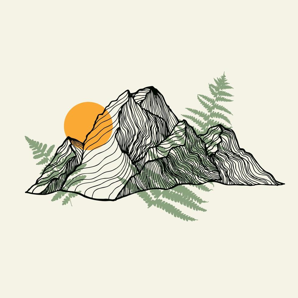 Mountains, sun and fern line art vector print. Vector illustration for textile prints, cards, design,logo. Vector illustration