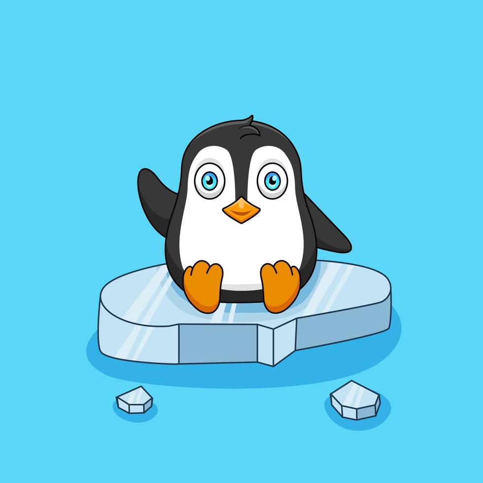 Cute cartoon penguin sitting on a floating ice floe. Animal vector illustration