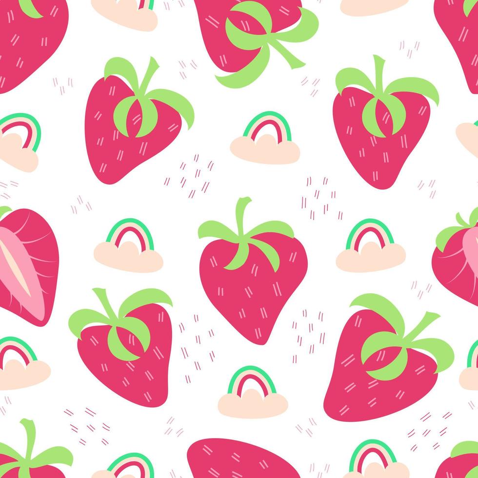 Seamless summer pattern with pink strawberry and rainbow, clouds. Vector background. Wallpaper, wrapping, fabric textile print. Colorful backdrop. Digital paper