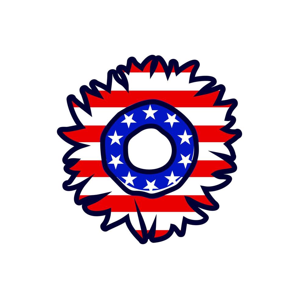 Sunflower color of american flag. Vector illustration. 4th of july, Independence day. Tamplate for t shirt print design, greeting card, sticker. Hand drawing flower. Stars and stripes