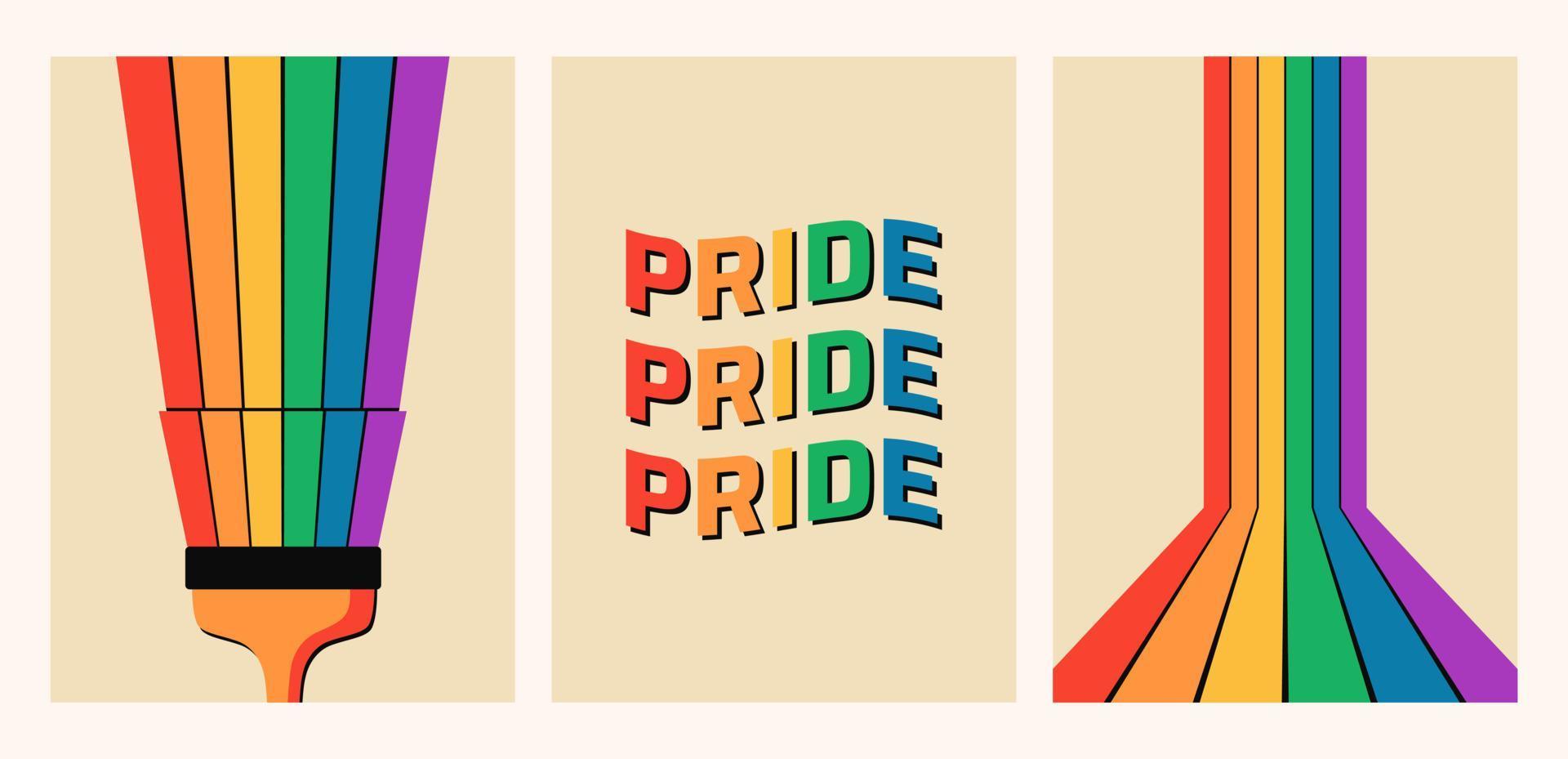 Set of abstract Pride month LGBT posters. Wall decor with rainbow stripes. vector