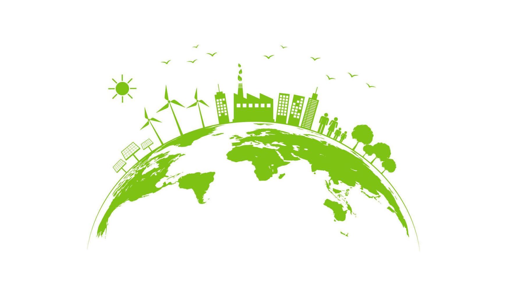 Ecology concept with green city on earth, World environment and sustainable development concept, vector illustration