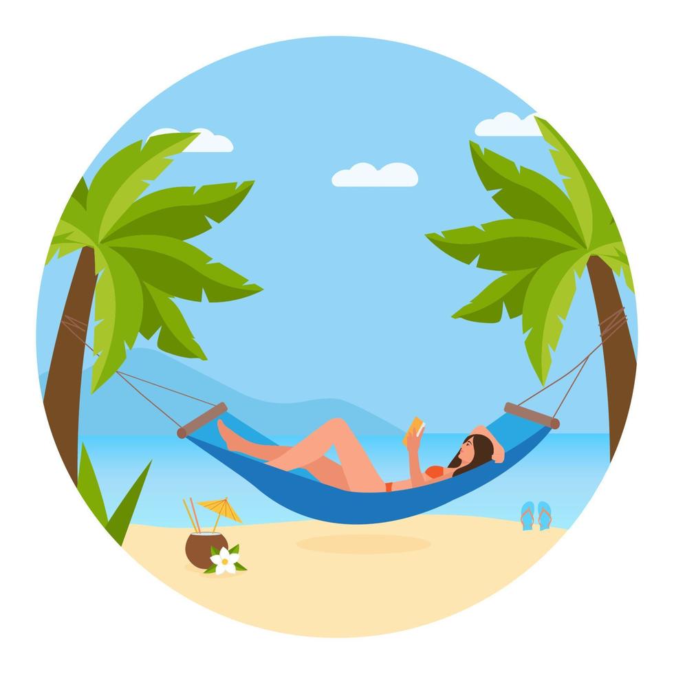 una hermosa mujer relajándose en una hamaca en la playa. señora leyendo el libro en la hamaca. vacaciones de verano ilustración vectorial vector